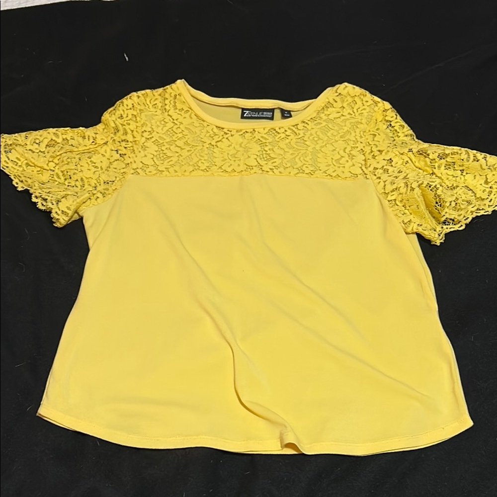 New York & Company Yellow Cropped Blouse with Lace Sleeves